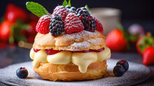 Delicious Choux Pastry With Custard Cream And Fresh Berries