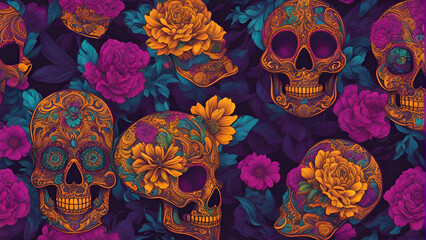 Wall Mural - Seamless pattern with sugar skull and flowers. Day of the Dead. 