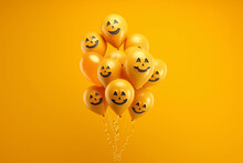Spooky Smiley Face Balloons Floating On Yellow Orange Background. Created With Generative AI Technology