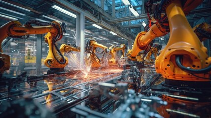 Wall Mural - View of industrial robots in an automobile assembly plant