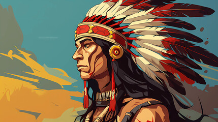 Sticker - Hand drawn cartoon american indian tribal man illustration
