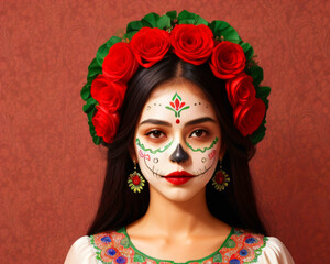 Portrait of a girl that has a costume and make up of the catrina of Mexico's day of the dead (Día de muertos en México)  2