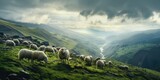 Fototapeta  - sheep are walking up a hill over cloudy terrain, in the style of the snapshot aesthetic, generative AI