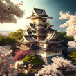 Beautiful Japanese landscape with wonderful architecture all together with gold and white flowering trees with a castle 