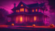 Halloween background with haunted house. pumpkins and foggy trees 