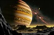 photorealistic planet jupiter hanging in sky over sulfurous volcanic Io landscape black sky pastel bands on Jupiter yellowish foreground terrain raytraced Io 