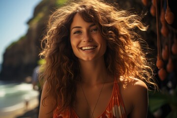 Wall Mural - Cheerful young woman at the beach