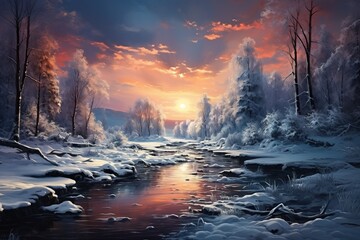 Wall Mural - landscape with winter forest, mountains and river at sunset