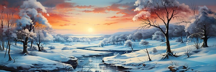Wall Mural - panorama landscape with winter forest, mountains and river at sunset