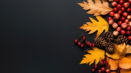 Frame of colorful red and yellow autumn leaves with cones and rowan berries on trendy black background. First day of school, back to school, fall concept