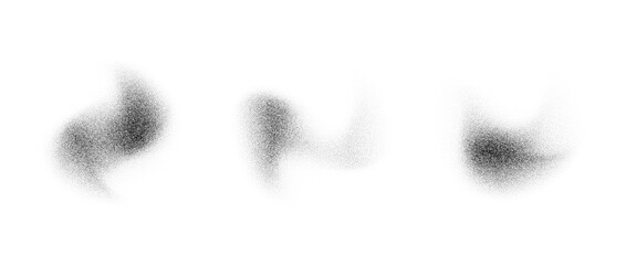 Poster - Abstract fluid stippled gradient splashes. Noise grain texture stains shape set. Black and white dotted spray shades and sand dust spots. Halftone splatter forms collection. Vector dotwork elements