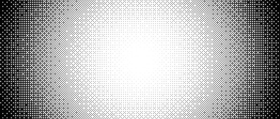 Wall Mural - Pixelated radial gradient texture. Black and white bitmap dither central pattern background. Abstract fade glitchy pattern. Video game screen wallpaper. Retro pixel art. Vector halftone wide border