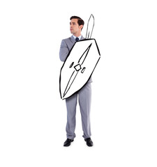 Poster - Digital png photo of caucasian businessman with sword and shield on transparent background