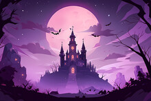 Halloween Background With Scary Pumpkins, Bats And Castle Illustration.