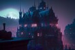 a cyberpunk city surrounding a Victorian style Gothic castle with Gargoyles perched on top of it set as the main focus of the scene night dark lights on background cyberpunk retrowave city CGI 