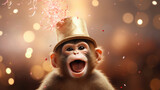 Happy monkey in a hat against a blurry background with confetti