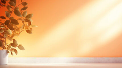 Wall Mural - Empty sunny orange background with leaves and leaf shadows