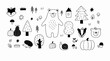 Cute woodland vector outline illustration. Cartoon bear, fox, hedgehog, badger, tree in forest- print in doodle style