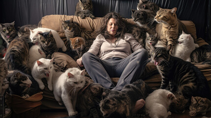 Unkempt Lonely Woman Sitting in a Dirty Room Surrounded by Cats