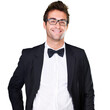 Handsome, groom and glasses in tuxedo for portrait with smile in happiness. Caucasian, husband and blissful on face on isolated or a transparent png background for wedding, reception or dinner