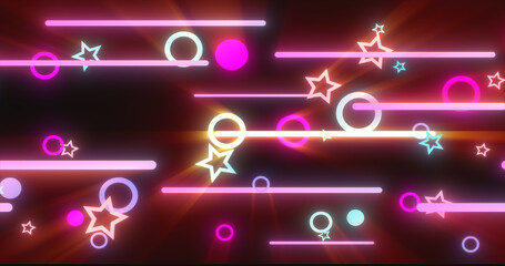 Poster - Purple red glowing geometric abstract background pattern of flying lines and circles