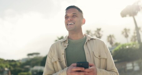 Aufkleber - Phone, smile and outdoor man typing, scroll and search web, internet or website for vacation info, holiday app or blog. Laugh, smartphone network and happy user reading mobile connection feedback