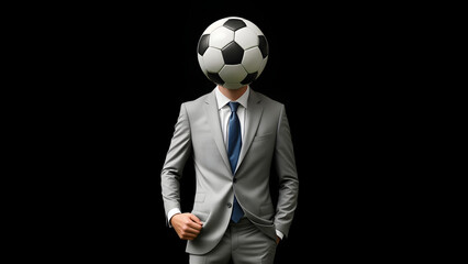 Man in suit with soccer ball head on the black background