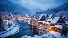 Shirakawa-go Village On A Snowy Day, Shirakawa Go's Famous Gassho-steep Zukuri Houses, Hillside Village Viewpoint In Snowy Winter, Wide-angle Lens Sunset At Honored By UNESCO