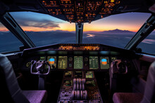 The Cockpit Of A Modern Aircraft Is A View Of The Dashboard, The Plane Is In Flight, Clouds And Dawn Are Outside The Window