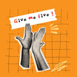 Elements with hands and cutout shape. Give me five. Halftone hands gesture in orange background. Retro template for banner, poster, card. Punk art vector illustration.
