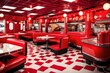 A retro 1950s diner with red vinyl booths and a jukebox.