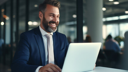 Wall Mural - The businessman using the laptop and enjoy at work