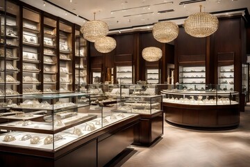 Wall Mural - A high-end jewelry store with glass display cases showcasing sparkling gems and diamonds.