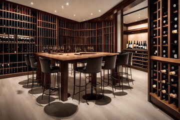 Sticker - A contemporary wine tasting room with a glass wall showcasing an extensive wine collection.