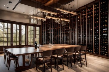 Wall Mural - A contemporary wine tasting room with a glass wall showcasing an extensive wine collection.