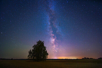 Wall Mural - Night landscape with colorful Milky Way, autumn sky
