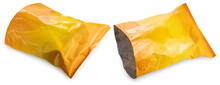 Empty Foil And Plastic Snack Bags Mockup Isolated On White Background, Yellowl Pillow Packages For Food Production, Snack Wrappers On White Background With Clipping Path.