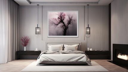 Poster - Minimalist bedroom in a villa with soft colors, generated by AI