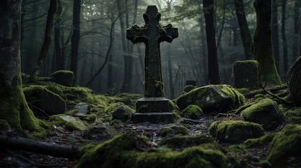 Deep inside a dark and misty forest are old forgotten and overgrown graves with cross shaped headstones covered in green moss, weather worn and eroded, mysteriously isolated graveyard hidden away. 