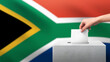 Woman puts ballot paper in voting box on South Africa flag background. Election concept.