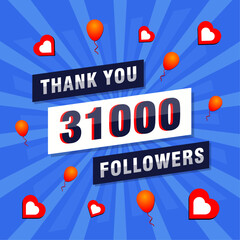 Thank you 31000 or 31k followers. Congratulation card. Greeting social card thank you followers.