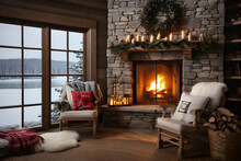 Christmas Haven: A Serene Lakeside Cabin Interior With Large Picture Windows Showcasing A Snowy Lakeside View, A Traditional Stone Fireplace, And Understated Christmas Decor.