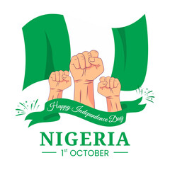 Wall Mural - Vector Graphic of Nigeria Independence Day for greeting card with clenched fist, and flag ribbon