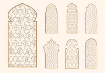 Wall Mural - Islamic window shape with mashrabiya pattern. Arabic door frame. Islamic arhitecture elements of window and door and mashrabiya pattern.