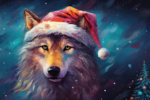 Wolf With Santa Hat, Snowflakes In The Night And Christmas Tree, Copy Space
