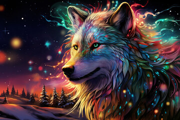  glowing wolf in a snow covered magical fantasy landscape, colorful firework in the sky at night, beautiful art