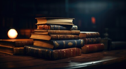 Wall Mural - Pile of old books on a wooden table. Dark background.