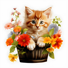 watercolor kitten in flowers basket.