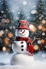 christmas snowman on winter background. funny festive snowman in a hat. merry christmas and a happy 