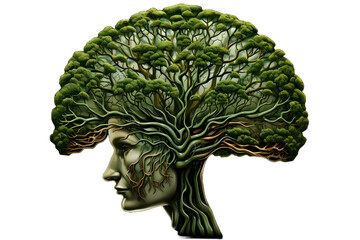 Human head with weaving tree branches instead of a brain, the concept of correct thinking, consciousness and mental health, the idea of development and self-knowledge